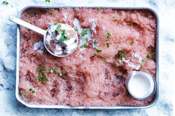 Watermelon granita with coconut & cashew cream