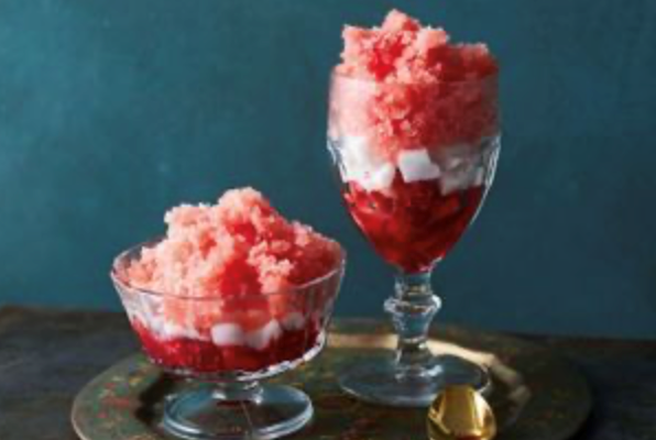 Watermelon granita with coconut jelly and berry compote