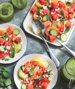 Watermelon, heirloom tomato, feta, and mint salad