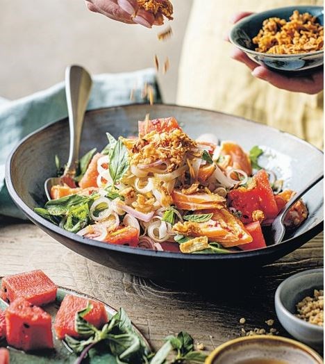 Watermelon, hot smoked salmon & rice noodle salad