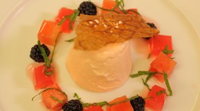 Watermelon parfait with wild blackberry and watermelon salad and mint and melon syrup