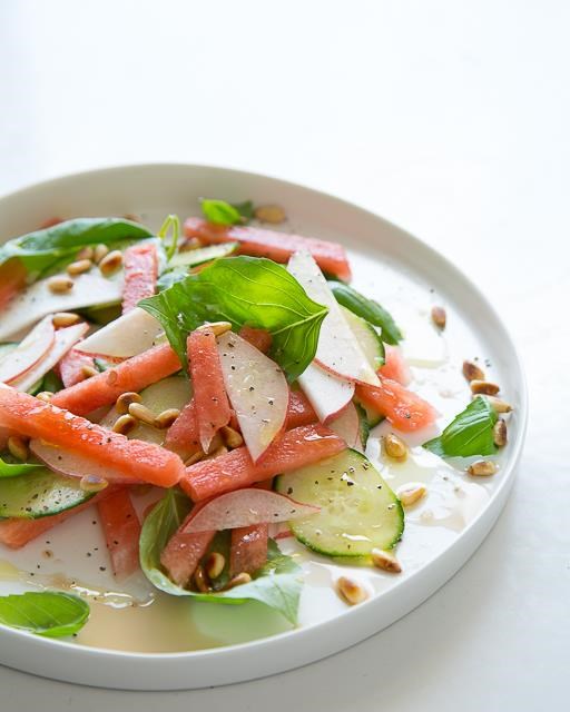Watermelon, peach, and cucumber salad
