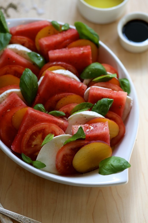 Watermelon peach Caprese salad