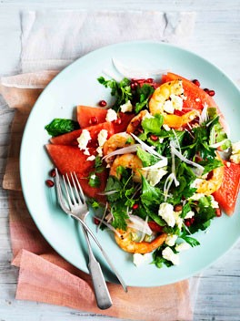 Watermelon, Persian feta, prawn and herb salad