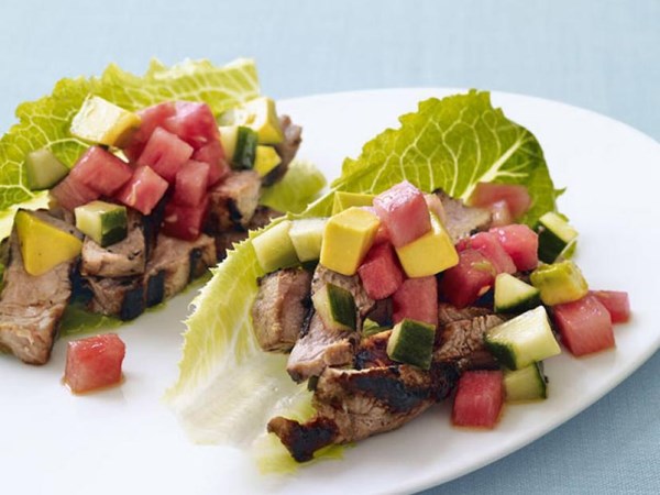 Watermelon pork tacos in lettuce shells