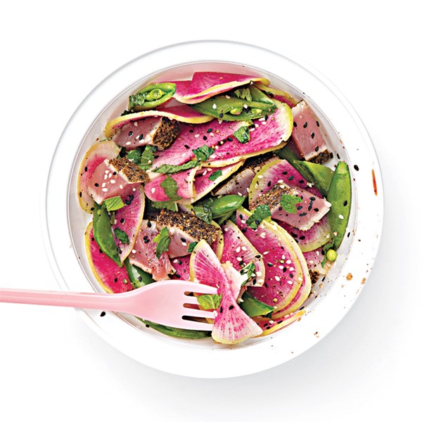 Watermelon radish, ahi tuna, and snap pea salad