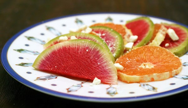 Watermelon radish and cara cara orange salad