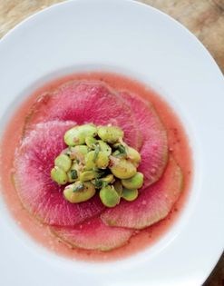 Watermelon radish carpaccio with fava beans and tarragon