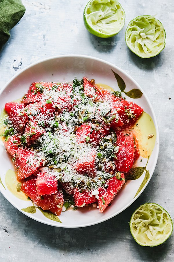 Watermelon salad with cotija and serrano peppers