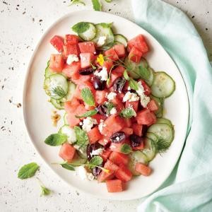 Watermelon salad with feta and pickles