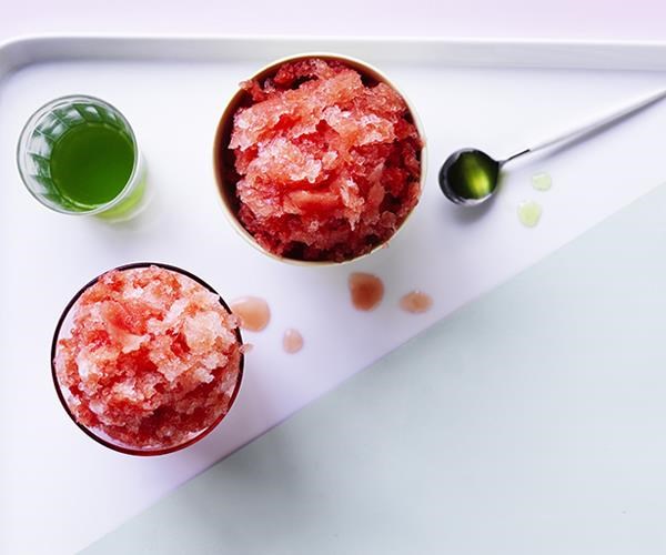 Watermelon shaved ice with basil syrup