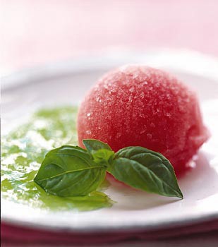 Watermelon sorbet with wine basil gelée