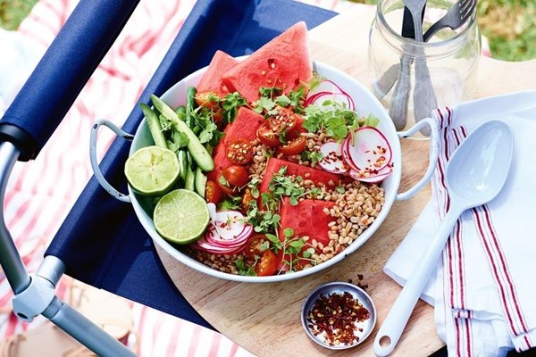 Watermelon, spelt and radish salad