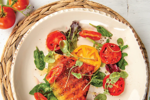 Watermelon steak salad with heirloom tomatoes & sangria vinaigrette