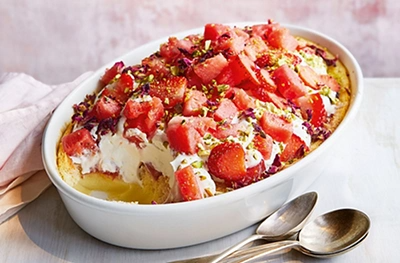 Watermelon, strawberry & rose pudding