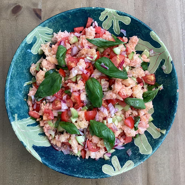 Watermelon, tomato, cucumber and bread salad