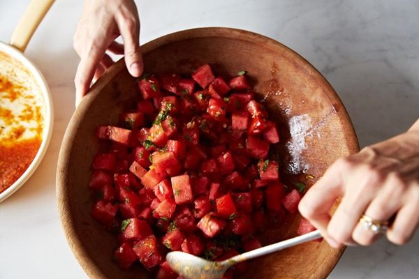 Watermelon tomato salad with cumin and fennel
