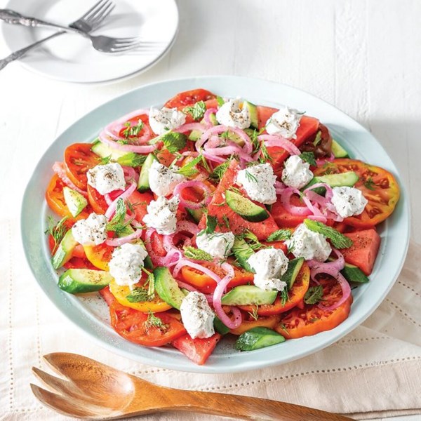 Watermelon-tomato salad with lemony whipped goat cheese