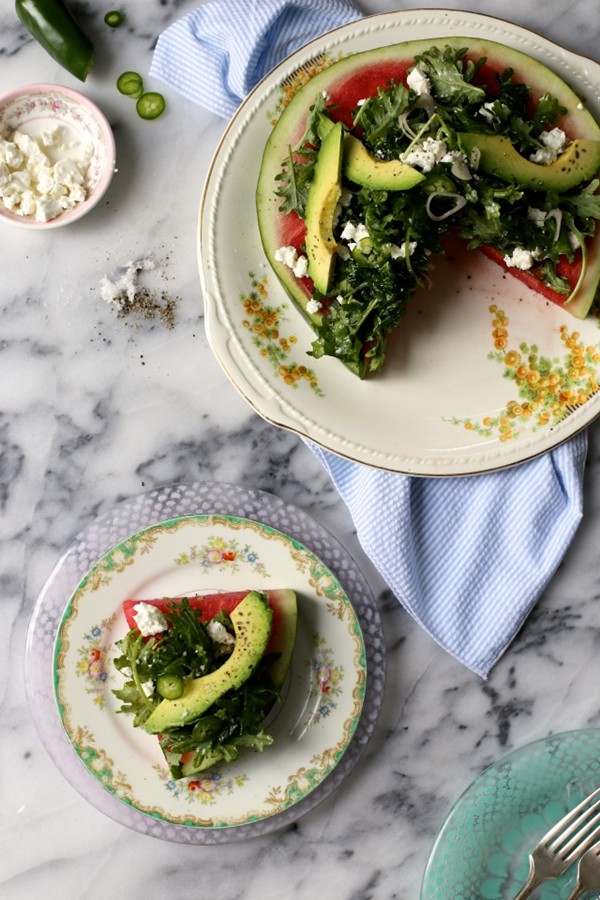 Watermelon wedge with kale, jalapeño, and avocado