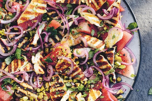  Watermelon with halloumi and lime-pickled red onions