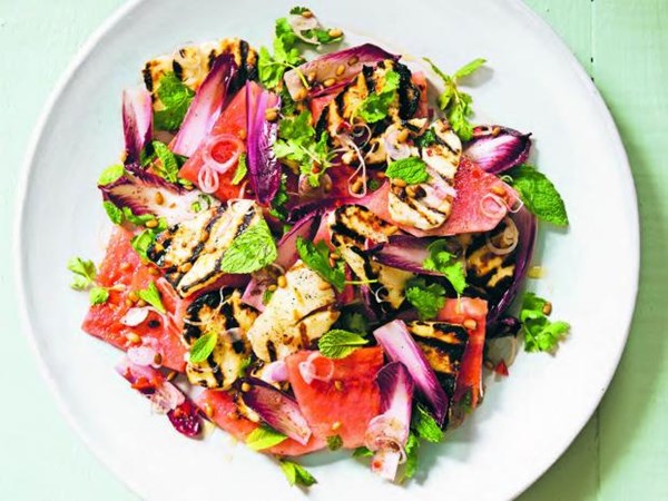 Watermelon with haloumi, pine nuts, sumac and mint