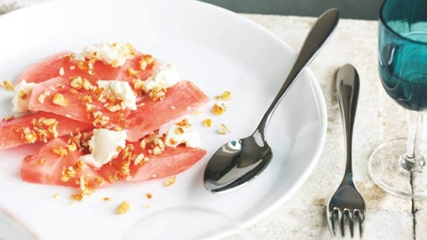 Watermelon with labneh and walnut praline