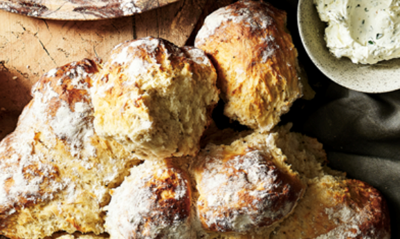 Wattleseed and bush tomato damper with whipped native parsley butter