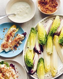 Wedge salad with kefir and blue cheese dressing and bacon crumbs
