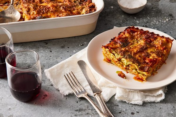 Weeknight lasagna with any-greens pesto & white beans