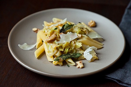Weeknight pasta with caramelized cabbage, sage infused brown butter and walnuts
