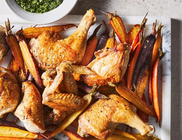 Weeknight roast chicken & carrots with salsa verde