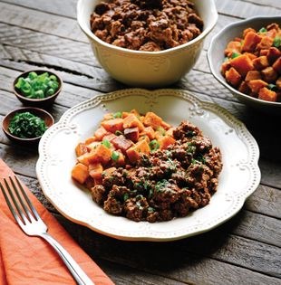 Weeknight rogan josh with sweet potato home fries