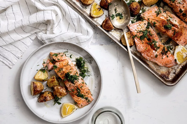 Weeknight salmon with baby new potatoes & fresh dill