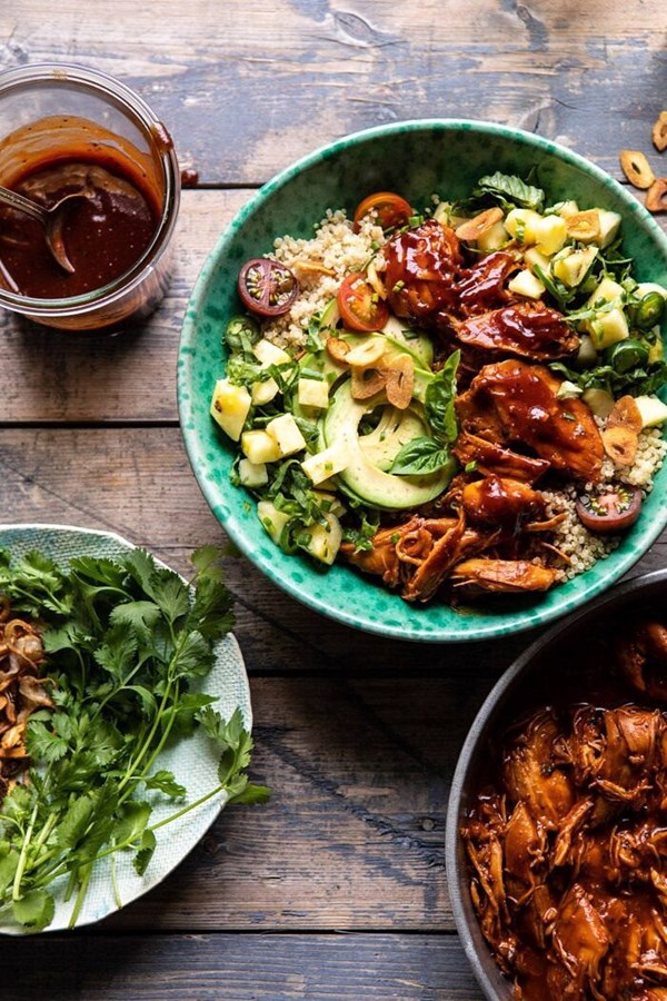 Weeknight saucy pineapple BBQ chicken bowls