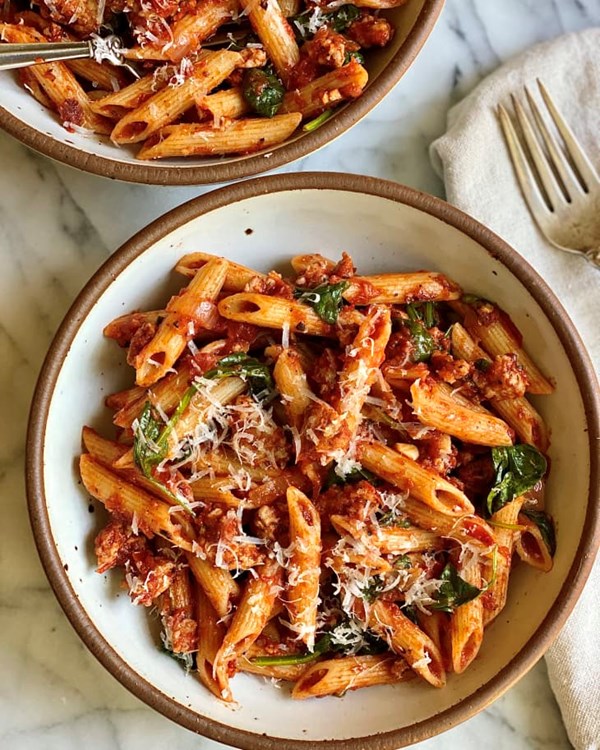 Weeknight sausage pasta with spinach