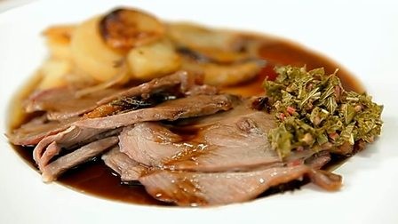 Weeping lamb with boulangère potatoes and home-made mint sauce