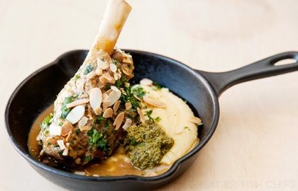 Welsh lamb shank with soft polenta and Persian lime pesto