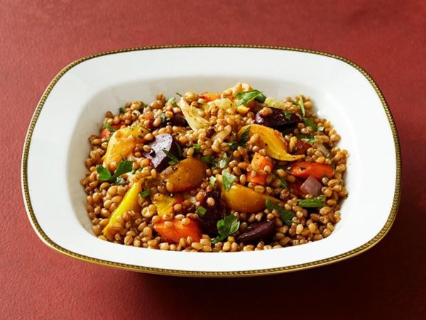 Wheat berries with roasted beets and carrots