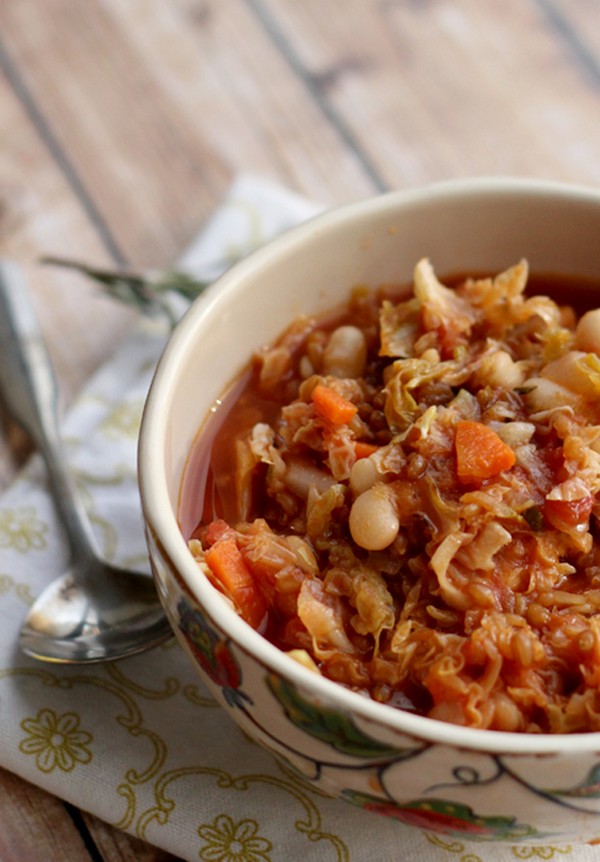 Wheat berry and white bean soup with Savoy cabbage