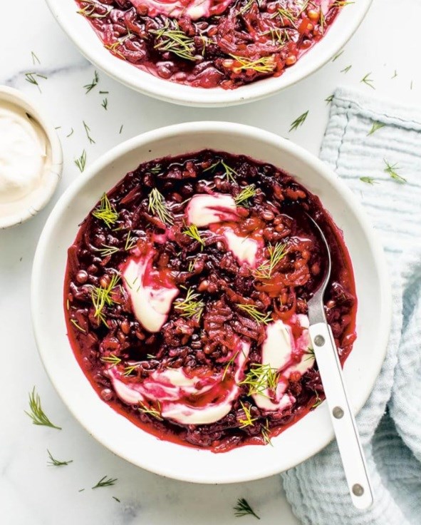 Wheat berry, beet, and lentil soup with sauerkraut 