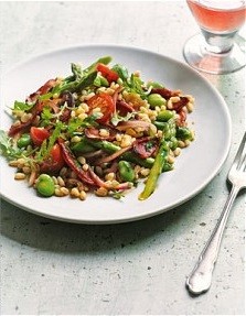 Wheat berry, broad bean, rocket and chorizo salad