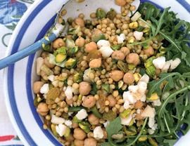 Wheat berry salad with chickpeas and golden raisins