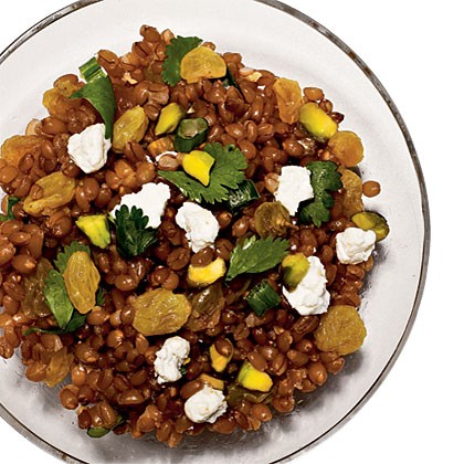 Wheat berry salad with raisins and pistachios
