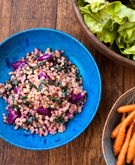 Wheat berry salad with roasted beets, kale, toasted walnuts, and simple sesame tahini dressing