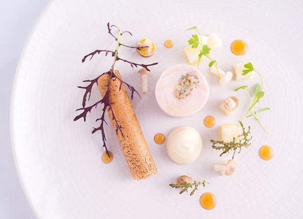 Wheat-fed guinea fowl, parfait cigar and pickled mushroom