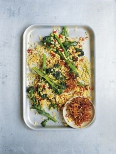 Wheatberries and purple sprouting broccoli with crispy garlic and chilli