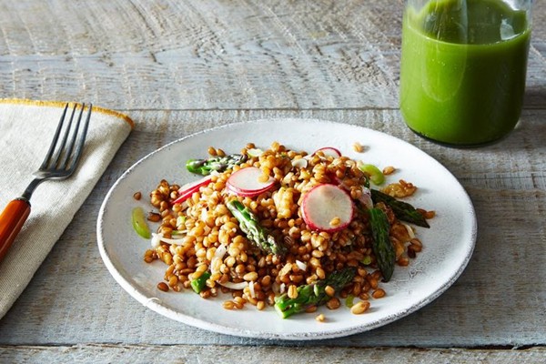 Wheatberry salad with radishes, asparagus, walnuts, and spring onions