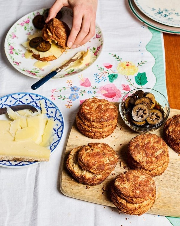 Wheaten scones with Comté and pickled walnuts