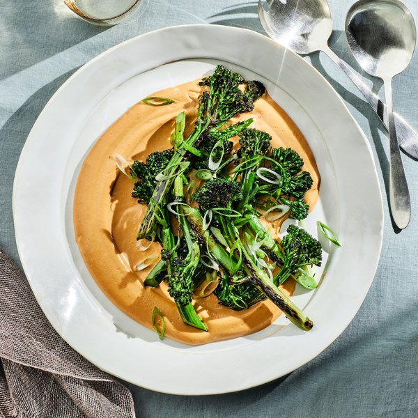Whipped cashew-sambal sauce with broccolini 