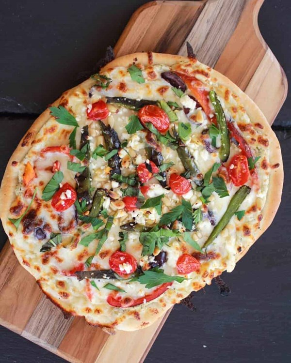 Whipped feta and roasted jalapeño Greek pizza